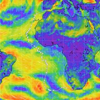 Kartenansicht von Afrika und Teilen S&uuml;damerikas mit farbigen Wind- und Wetterdaten sowie einer markierten Route.