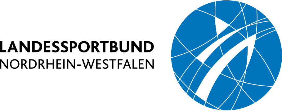 Logo des Landessportbundes Nordrhein-Westfalen in Blau und Schwarz, bestehend aus grafischen Elementen und Text.