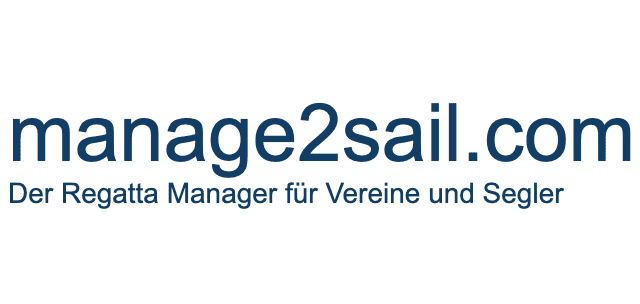 Logo von manage2sail.com mit dem Slogan "Der Regatta Manager f&uuml;r Vereine und Segler" in blauer Schrift.