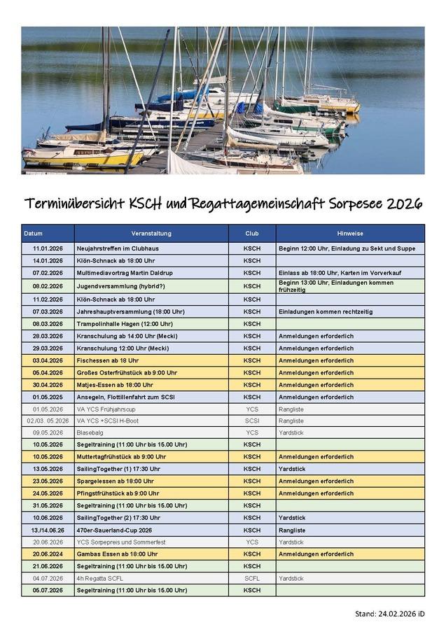 Termin&uuml;bersicht der KSCH und Regattagemeinschaft Sorpe f&uuml;r 2026 mit Datum, Veranstaltung und Hinweisen.
