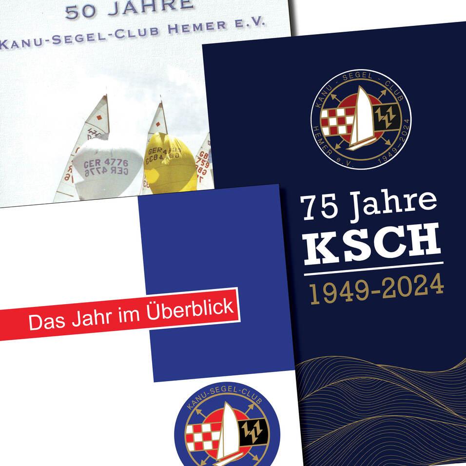 Drei Jubil&auml;umsflyer des Kanu-Segel-Club Hemer e.V. mit verschiedenen Designs und Jahreszahlen.