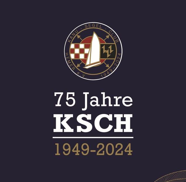 Logo des Kanu-Segel-Club Hemmingen mit dem Text &bdquo;75 Jahre K SCH 1949-2024&ldquo; auf dunklem Hintergrund.