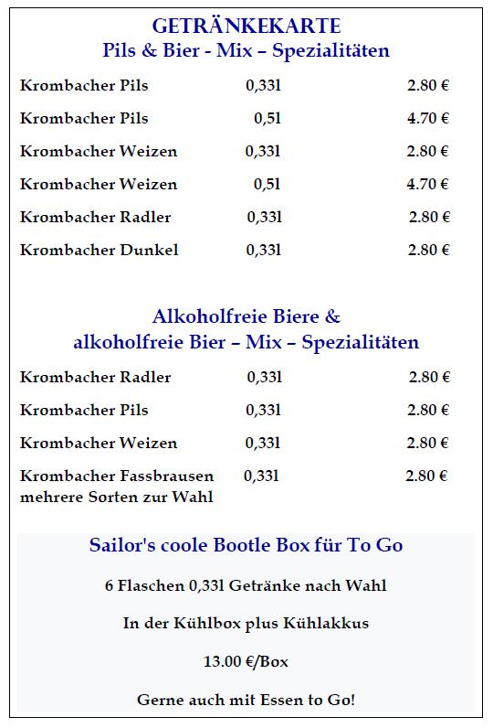Getr&auml;nkekarte mit Preisen f&uuml;r Krombacher-Biere und alkoholfreie Optionen, einschlie&szlig;lich einer Bootle Box zum Mitnehmen.