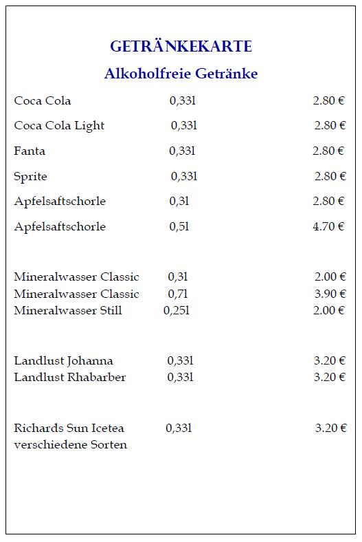 Getr&auml;nkekarte mit Preisen f&uuml;r verschiedene alkoholfreie Getr&auml;nke wie Coca Cola, Fanta und Mineralwasser.