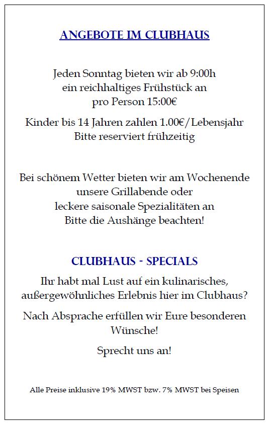Angebotsblatt im Clubhaus mit Informationen zu Fr&uuml;hst&uuml;ck und Grillabenden, inklusive Preisangaben und Reservierungshinweisen.