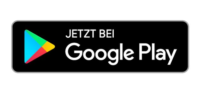 Schwarzes Logo mit dem Text &bdquo;JETZT BEI Google Play&ldquo; und dem Play-Symbol in bunten Farben.